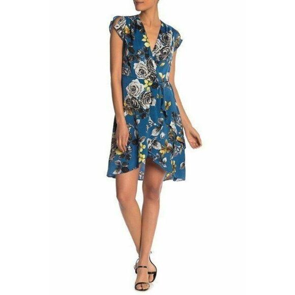 Rachel Roy Dress Women's 6 Teal Blue‎ Floral Surplice V Neck High Low - Picture 3 of 5